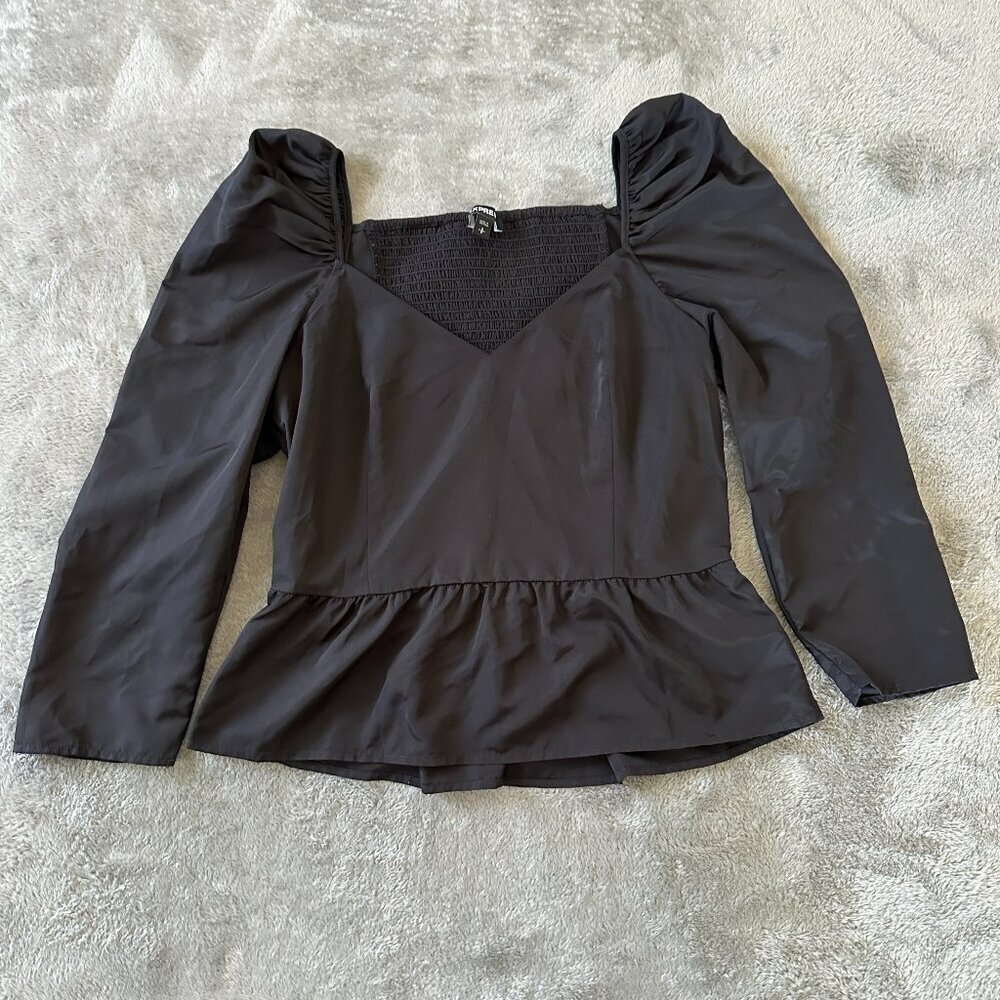 Express Blouse SMALL Black Smocked Peplum Sweetheart Neckline Top Puffed Sleeve
